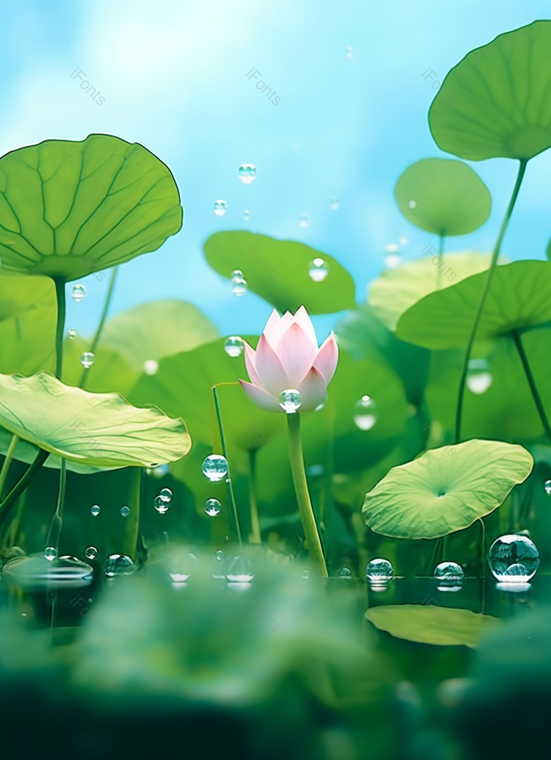 实拍绿色荷叶荷花和水珠飞起背景,插画/手绘图,插画/手绘图库,插画/手绘图下载,插画/手绘